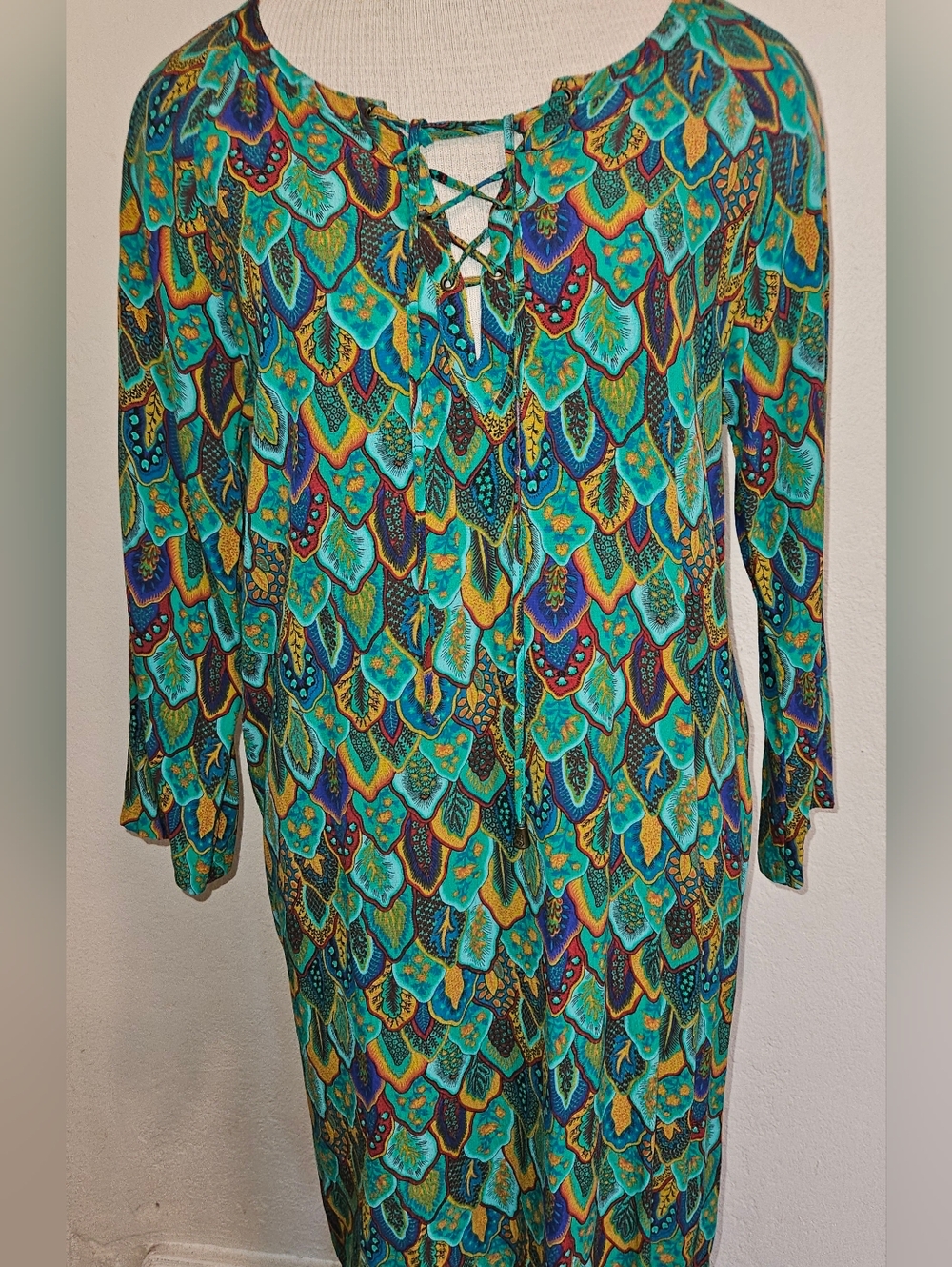 Souleiado Boho Print Dress Size M (EU 40 )| Teal Multicolor Lace-Up Neck Peasant